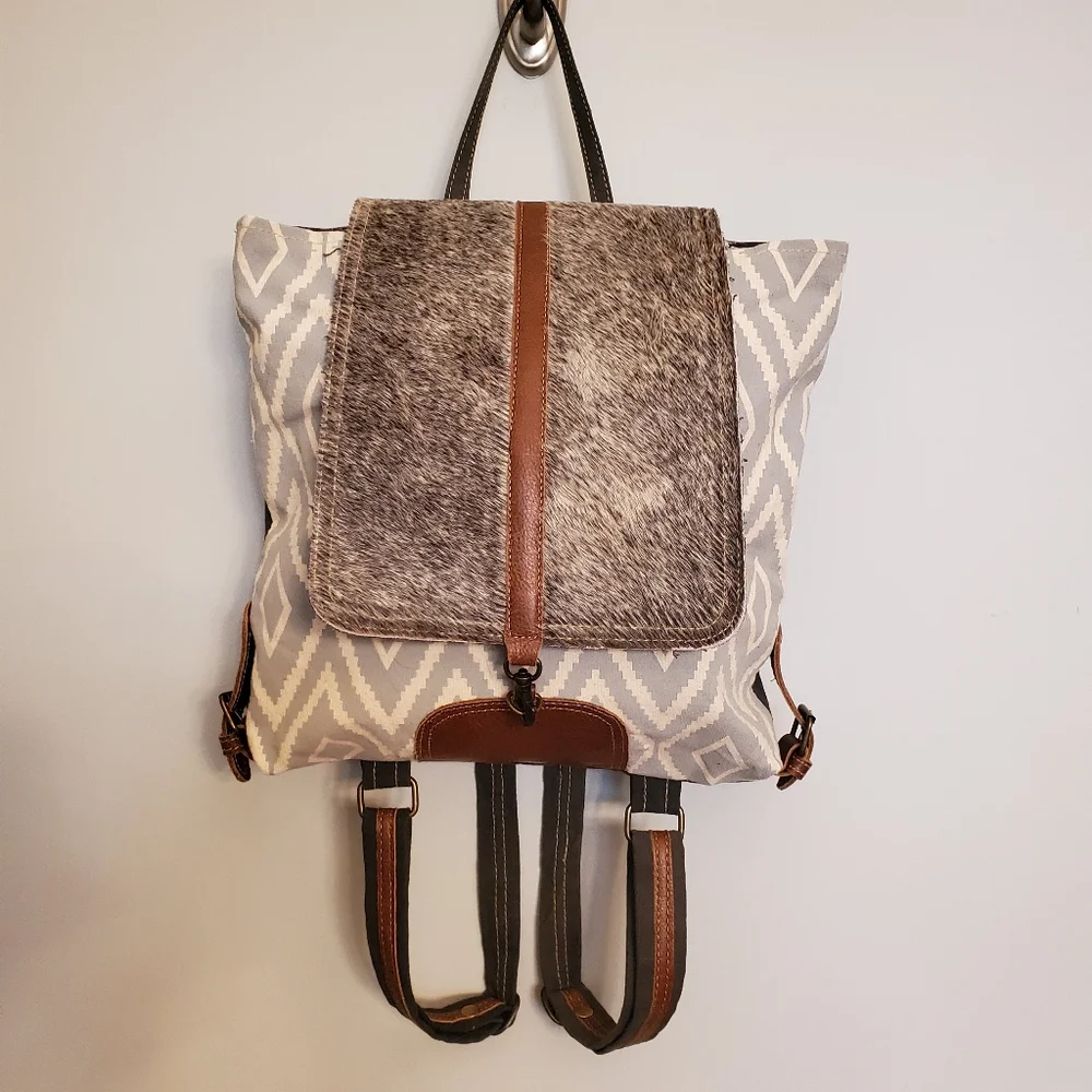 MYRA BAG cowhide hair-on backpack purse gray white brown chevron tote handbag